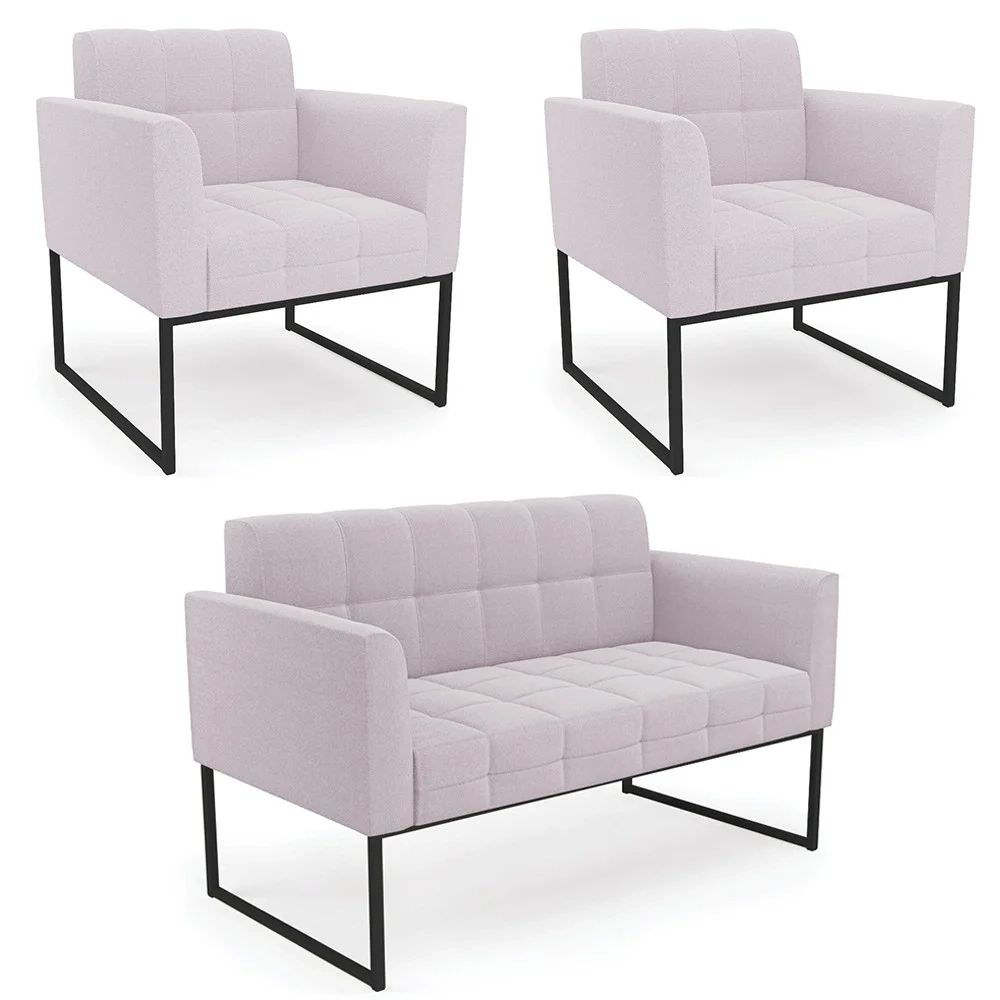 Namoradeira e 2 Poltronas Industrial Preto Ana Boucle Rosê - Ibiza