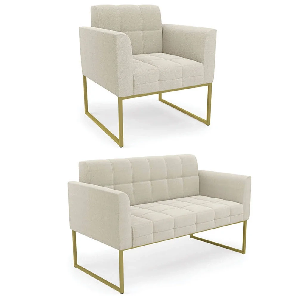 Namoradeira e Poltrona Industrial Dourado Ana Boucle Bege - Ibiza