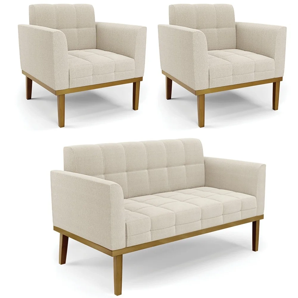 Namoradeira e 2 Poltronas Base Madeira Castanho Ana Boucle Bege - Ibiza