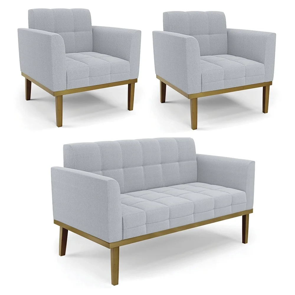 Namoradeira e 2 Poltronas Base Madeira Castanho Ana Boucle Cinza - Ibiza