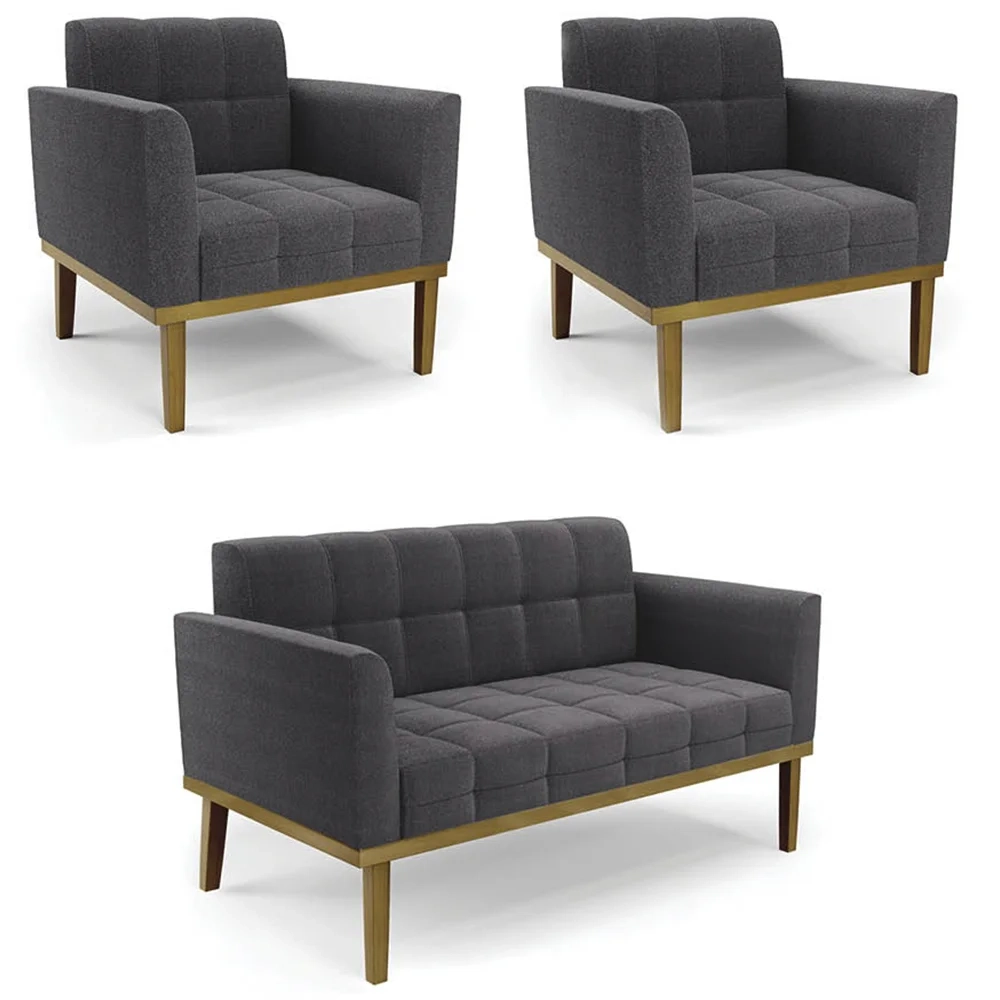 Namoradeira e 2 Poltronas Base Madeira Castanho Ana Boucle Grafite - Ibiza