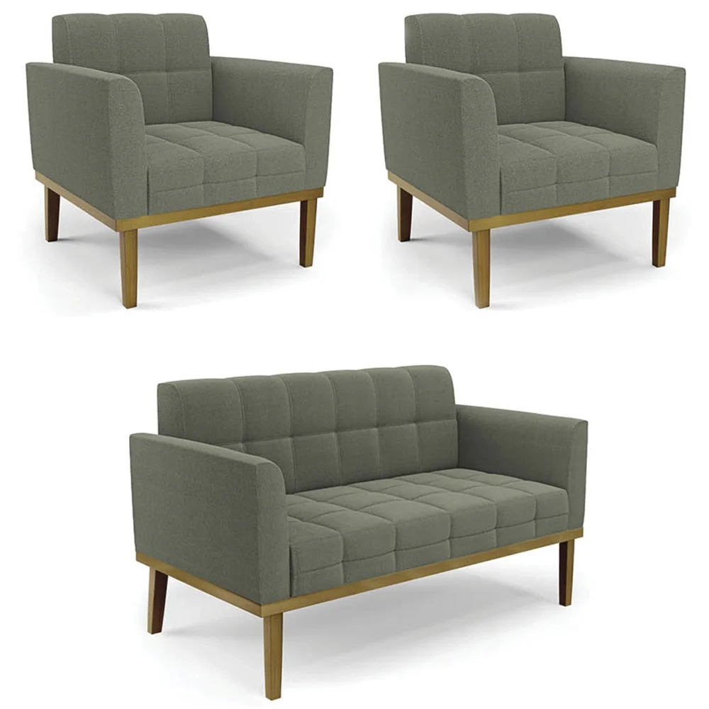 Namoradeira e 2 Poltronas Base Madeira Castanho Ana Boucle Menta - Ibiza