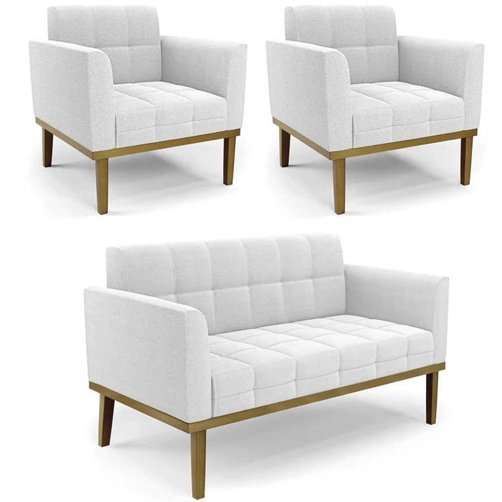 Namoradeira e 2 Poltronas Base Madeira Castanho Ana Boucle Off - Ibiza