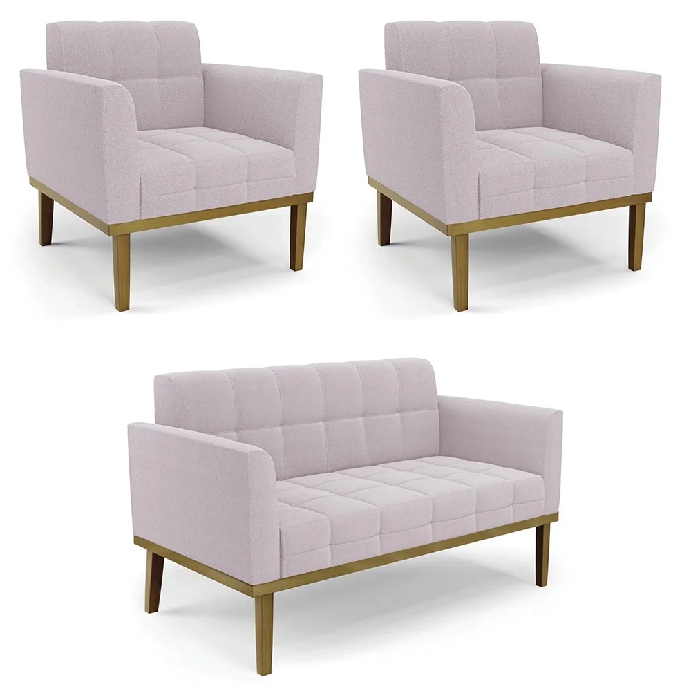 Namoradeira e 2 Poltronas Base Madeira Castanho Ana Boucle Rosê - Ibiza