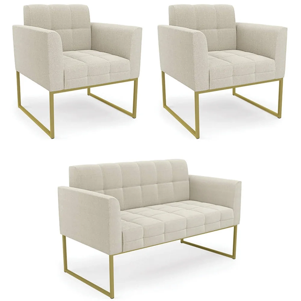 Namoradeira e 2 Poltronas Industrial Dourado Ana Boucle Bege - Ibiza