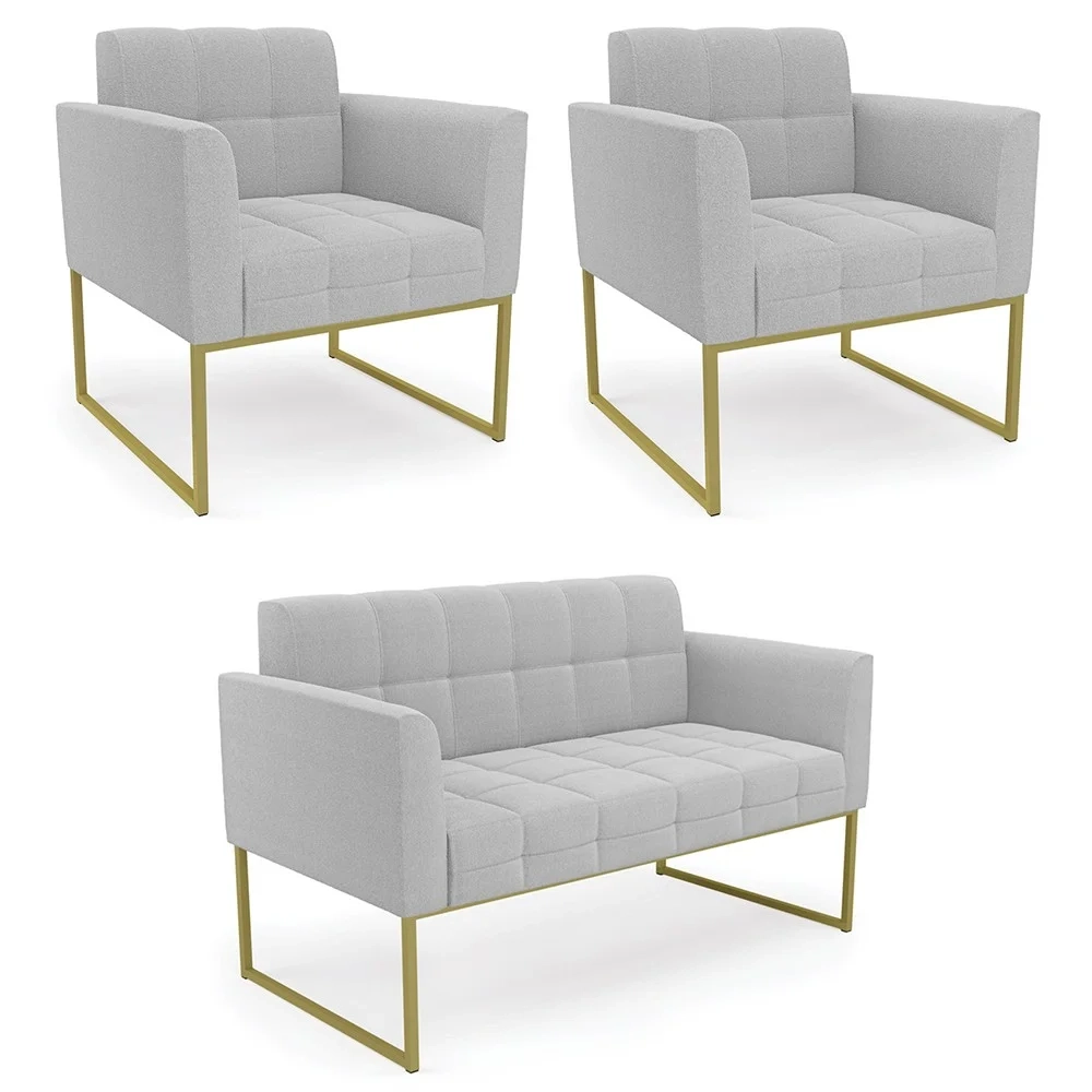 Namoradeira e 2 Poltronas Industrial Dourado Ana Boucle Cinza - Ibiza