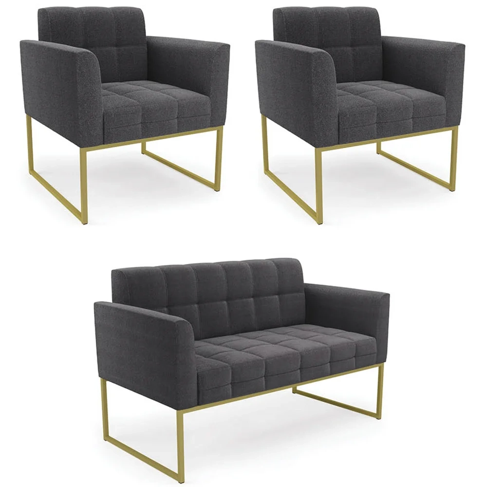 Namoradeira e 2 Poltronas Industrial Dourado Ana Boucle Grafite - Ibiza