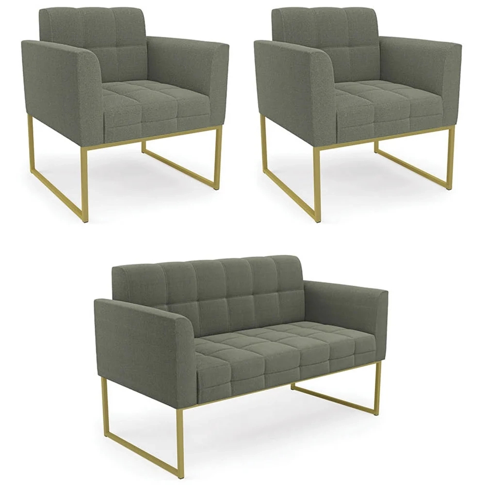 Namoradeira e 2 Poltronas Industrial Dourado Ana Boucle Menta - Ibiza