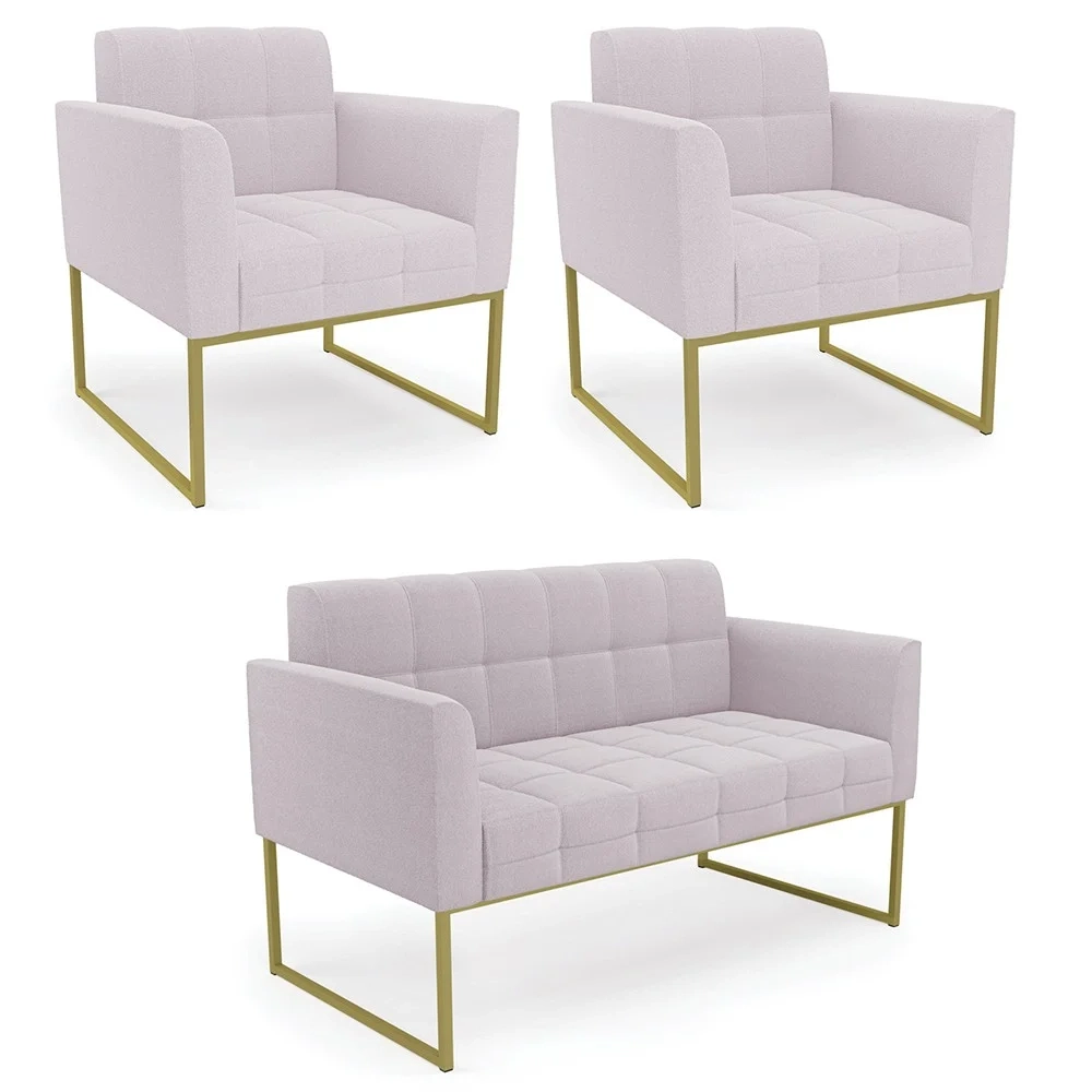 Namoradeira e 2 Poltronas Industrial Dourado Ana Boucle Rosê - Ibiza