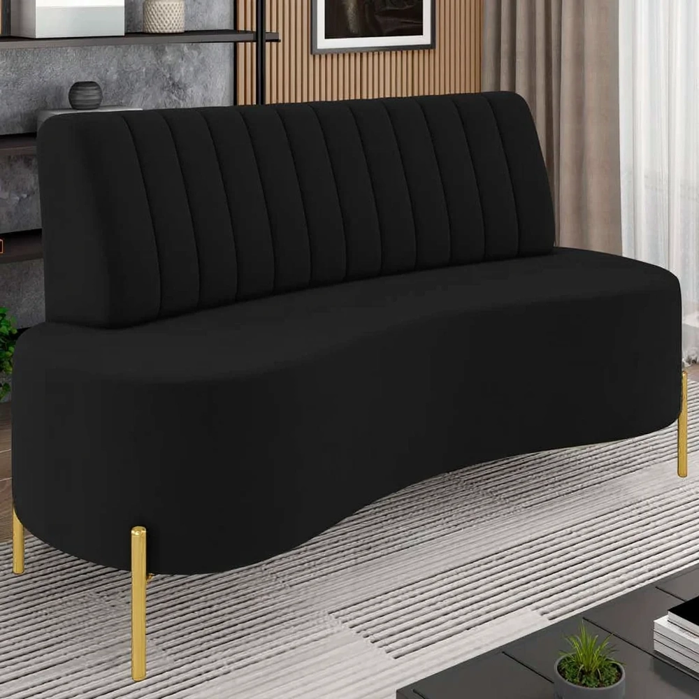 Sofá 2 Lugares 160cm Pés Aço Dourado Tamar Veludo Preto Z08 - Mpozenato