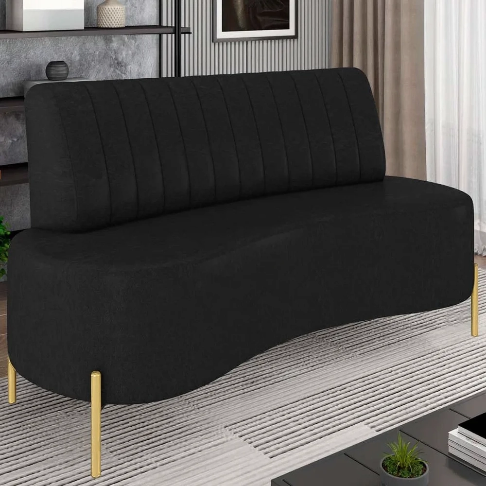 Sofá 2 Lugares 135cm Pés Aço Dourado Tamar Sintético Preto Z08 - Mpozenato