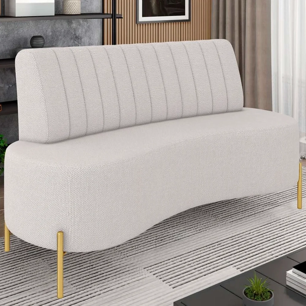 Sofá 2 Lugares 160cm Pés Aço Dourado Tamar Linho Bege Z08   - Mpozenato