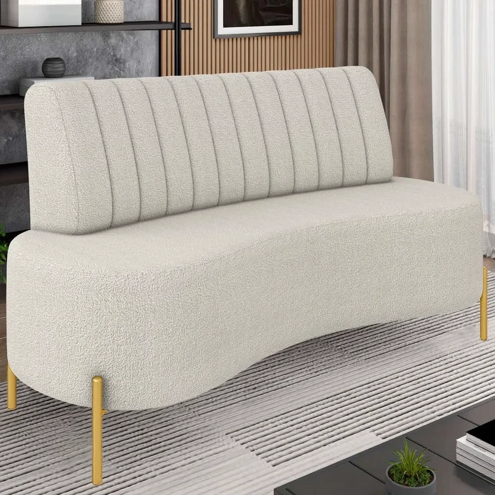 Sofá 2 Lugares 160cm Pés Aço Dourado Tamar Boucle Areia Z08 - Mpozenato