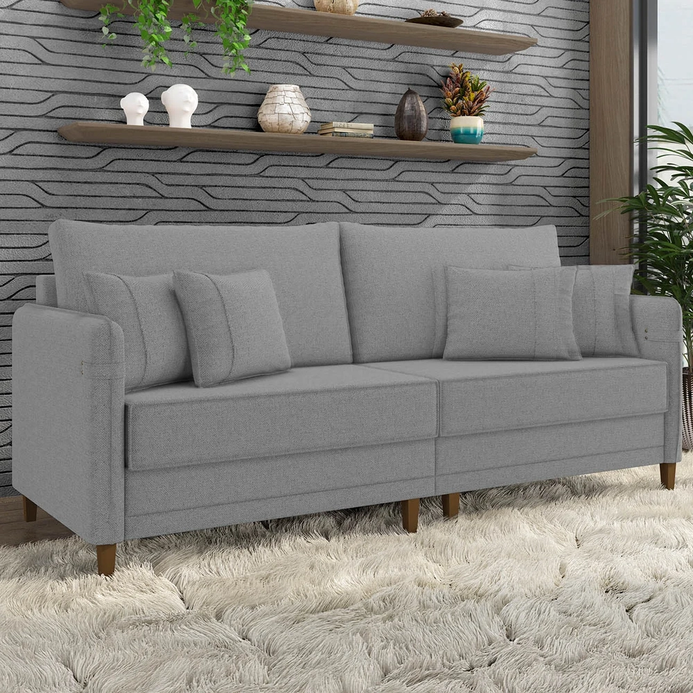 Sofá 3 Lugares Living 212cm Pé Madeira Zoe Linho Cinza Escuro Z08 - Mpozenato