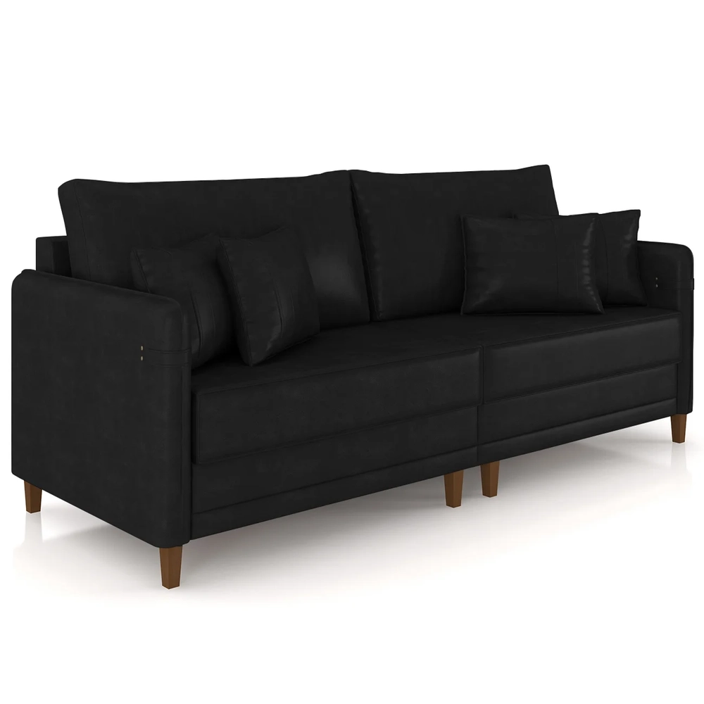 Sofá 3 Lugares Living 232cm Pé Madeira Zoe Sintético Preto Z08 - Mpozenato