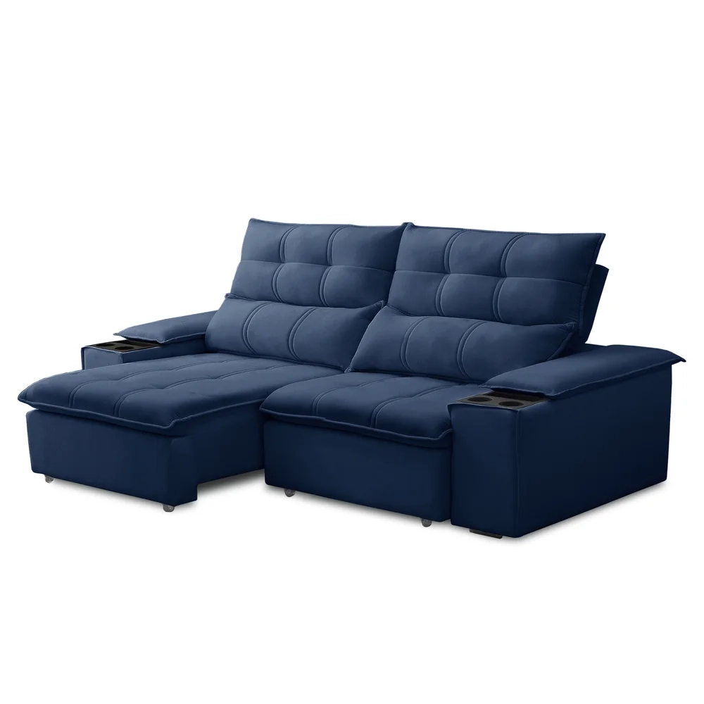 Sofá Retrátil 3 Lugares com Porta Copo 210cm Malta F05 Veludo Azul - Mpozenato