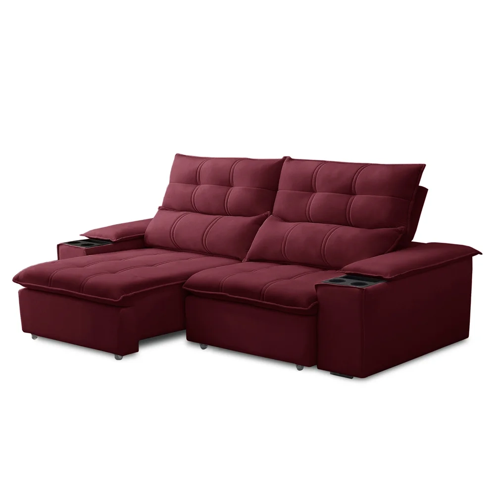 Sofá Retrátil 3 Lugares com Porta Copo 210cm Malta F05 Veludo Bordô - Mpozenato