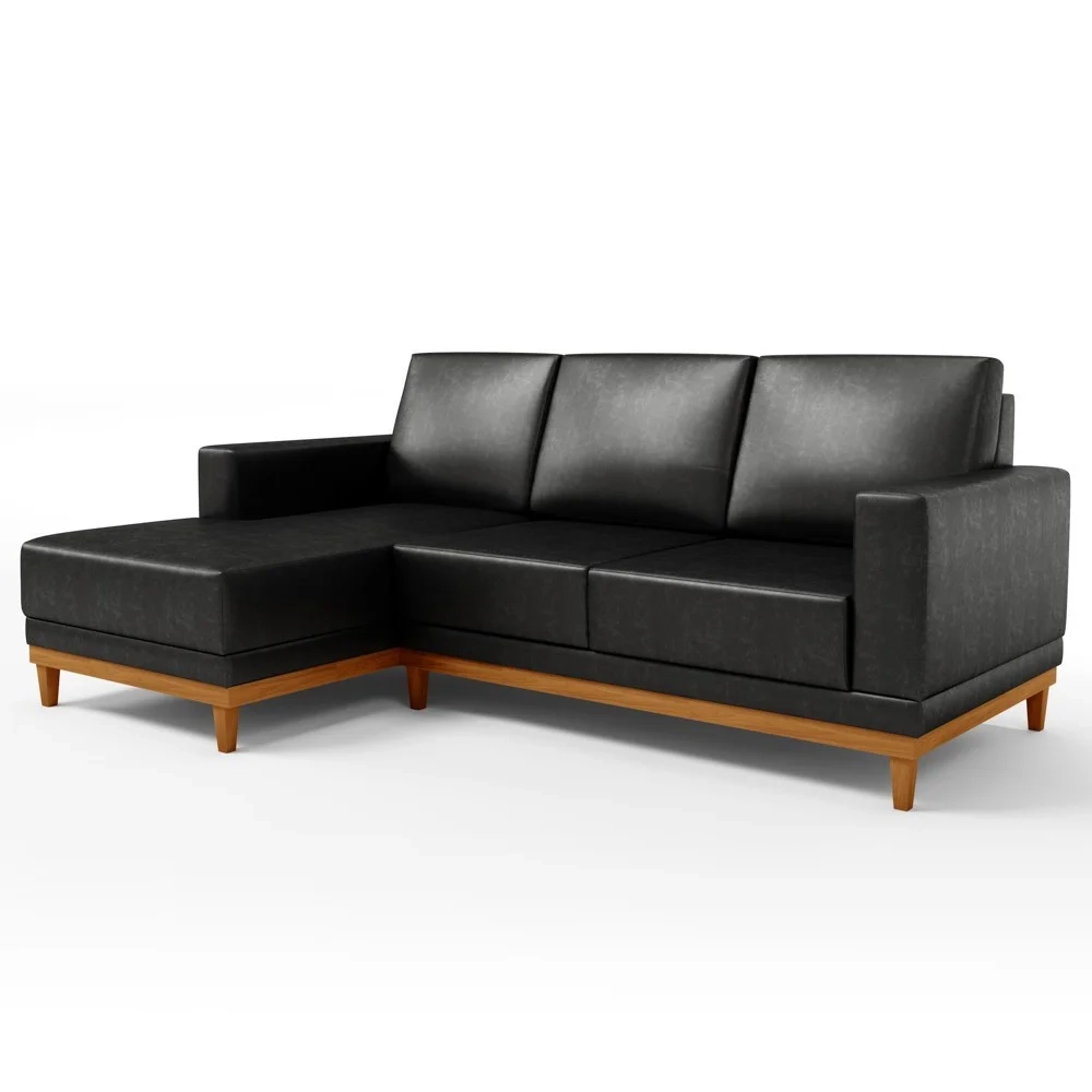 Sofá 3 Lugares 200cm Living Com Chaise Esquerdo Sala de Estar Kayrós D05 Sintético Preto - Mpozenato