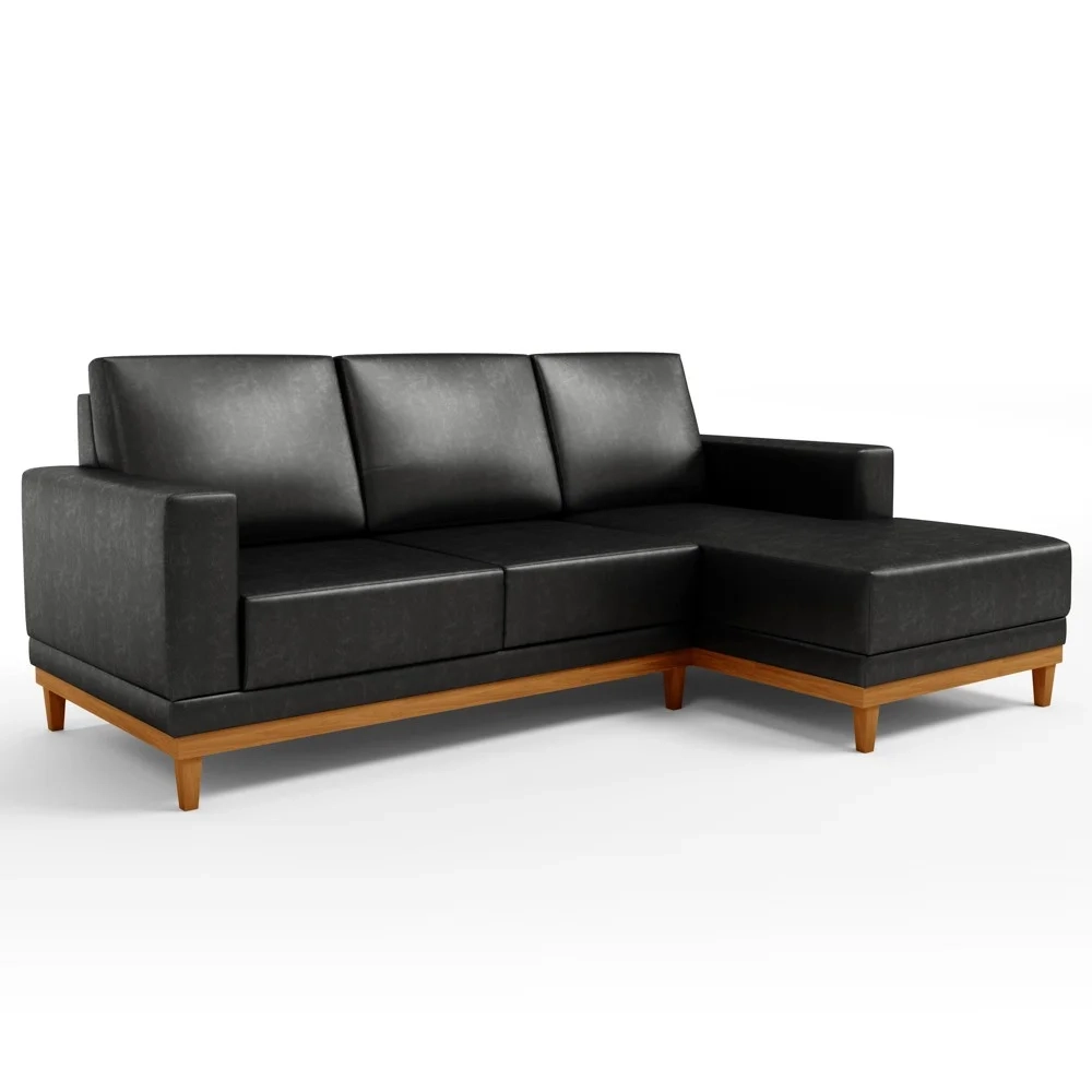 Sofá 3 Lugares 200cm Living Com Chaise Direito Sala de Estar Kayrós D05 Sintético Preto - Mpozenato