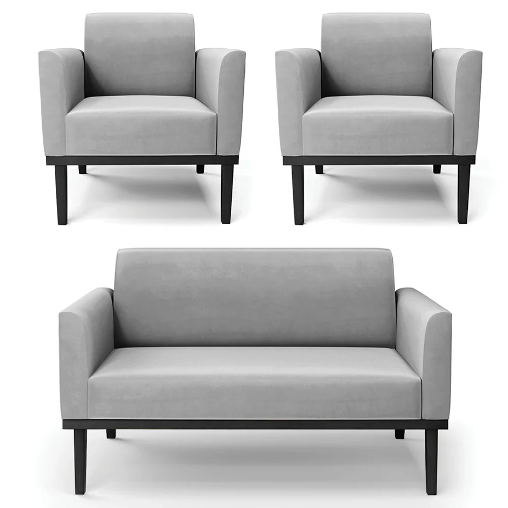 Sofá Namoradeira e 2 Poltronas Base Madeira Preto Maressa Suede Cinza - Ibiza