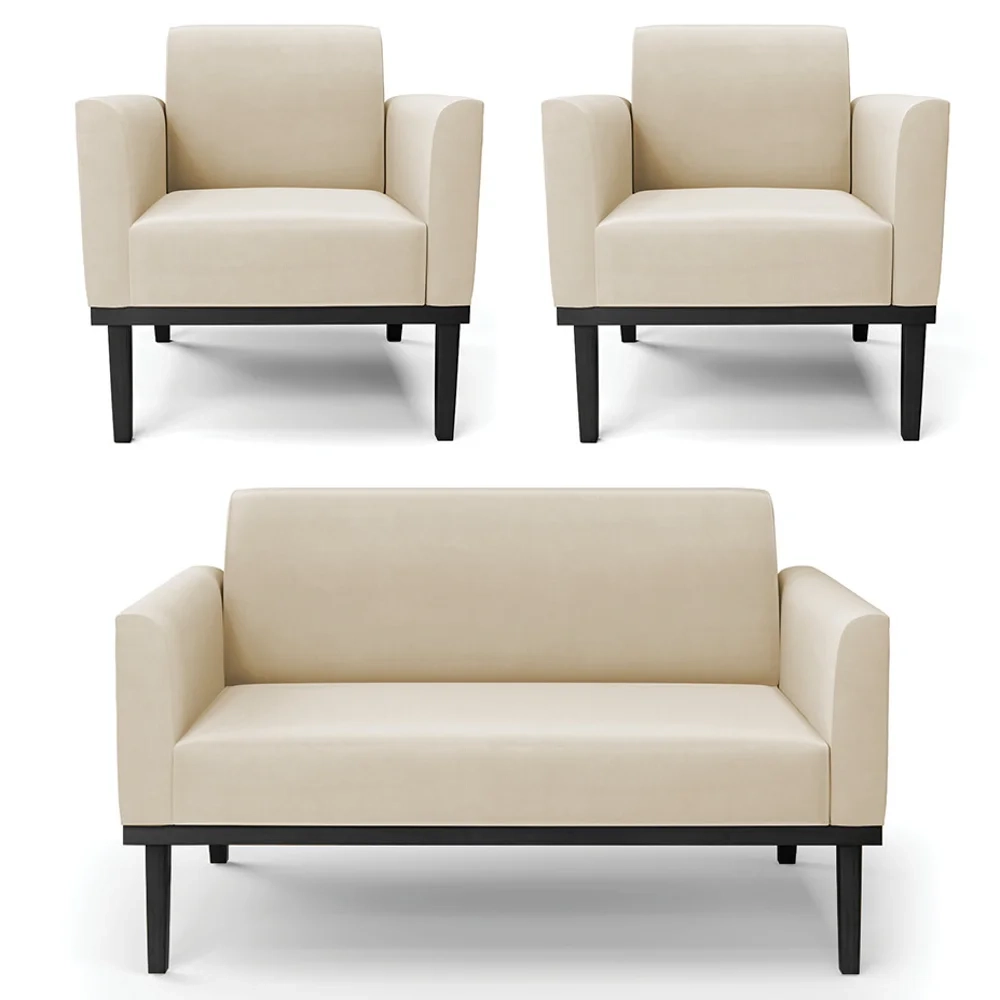 Sofá Namoradeira e 2 Poltronas Base Madeira Preto Maressa Suede Bege - Ibiza