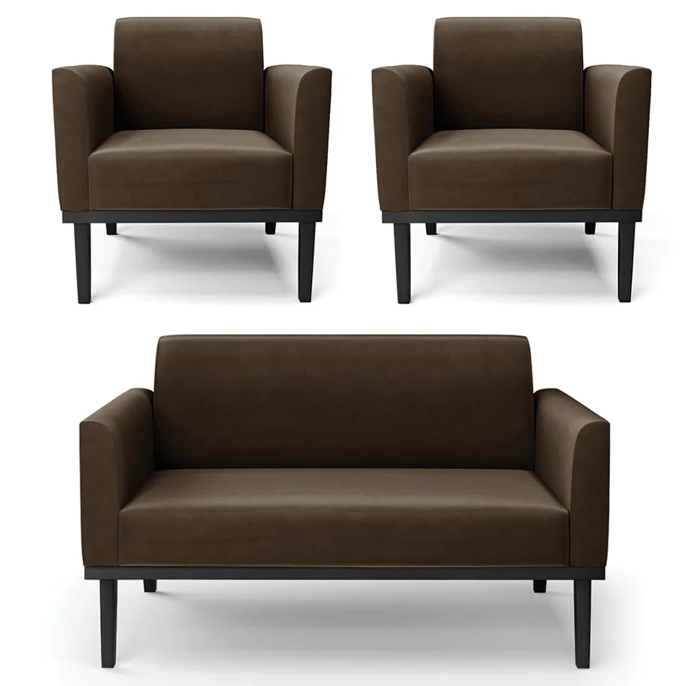 Sofá Namoradeira e 2 Poltronas Base Madeira Preto Maressa Suede Marrom - Ibiza