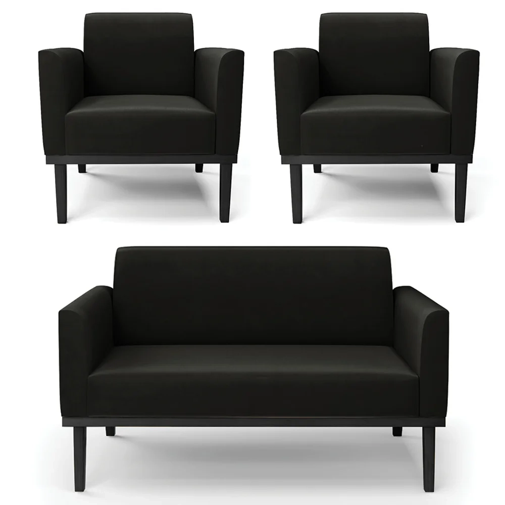 Sofá Namoradeira e 2 Poltronas Base Madeira Preto Maressa Suede Preto - Ibiza