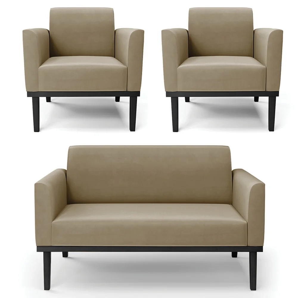 Sofá Namoradeira e 2 Poltronas Base Madeira Preto Maressa Suede Marrom RT - Ibiza