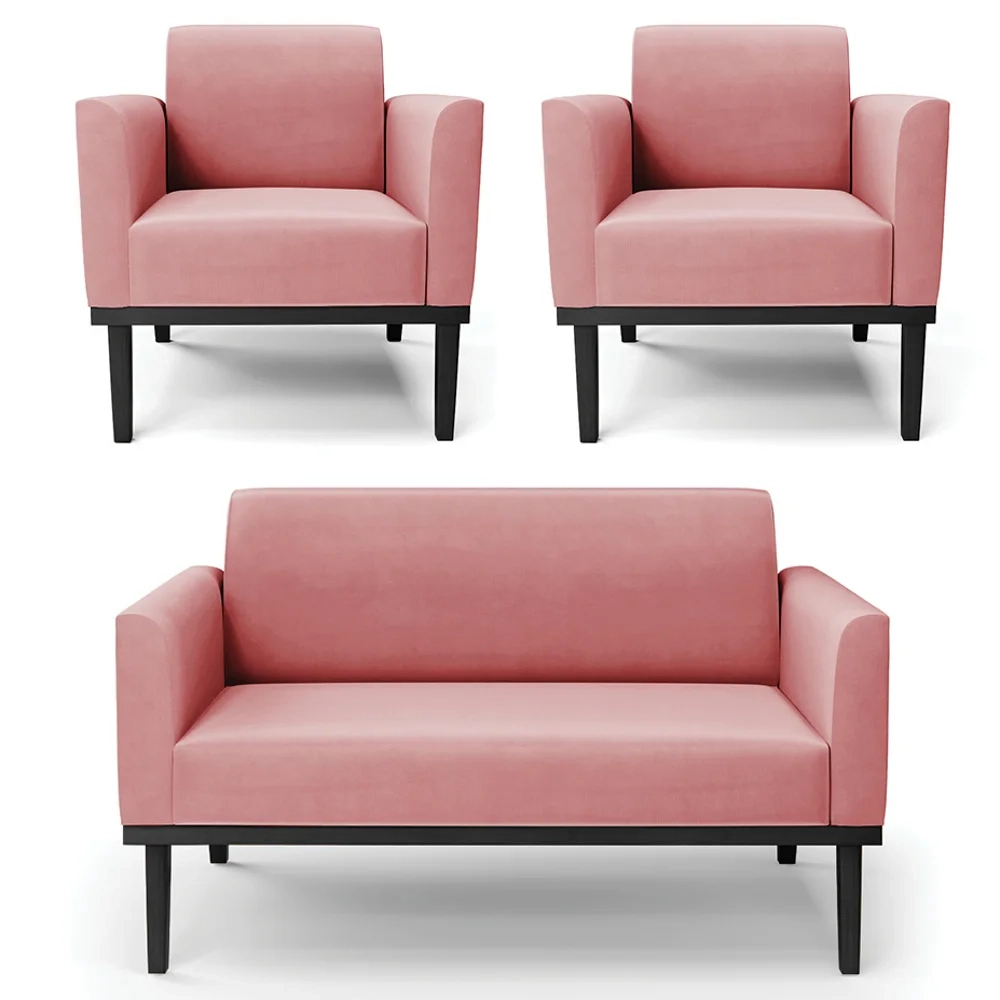 Sofá Namoradeira e 2 Poltronas Base Madeira Preto Maressa Suede Rosê - Ibiza