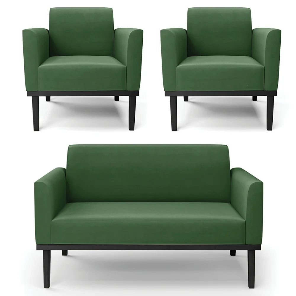 Sofá Namoradeira e 2 Poltronas Base Madeira Preto Maressa Suede Verde - Ibiza