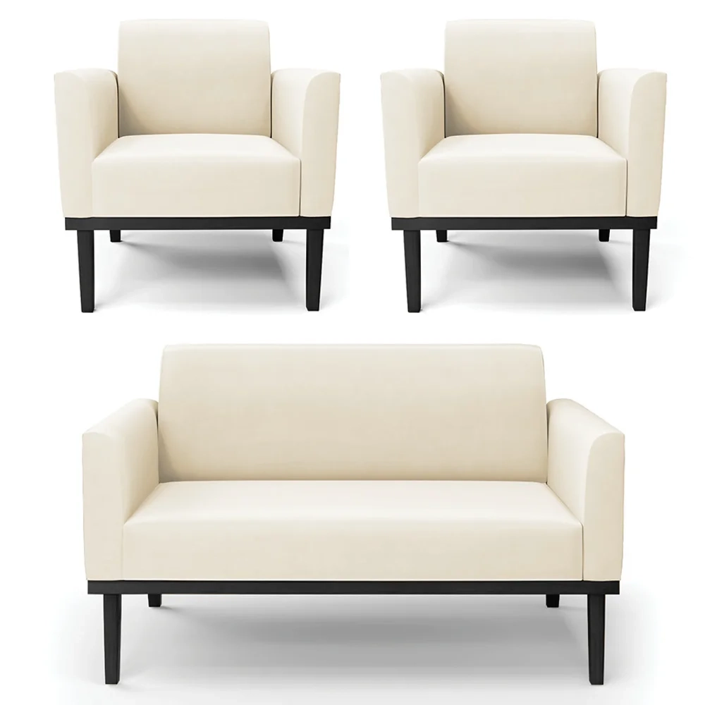 Sofá Namoradeira e 2 Poltronas Base Madeira Preto Maressa Veludo Bege - Ibiza