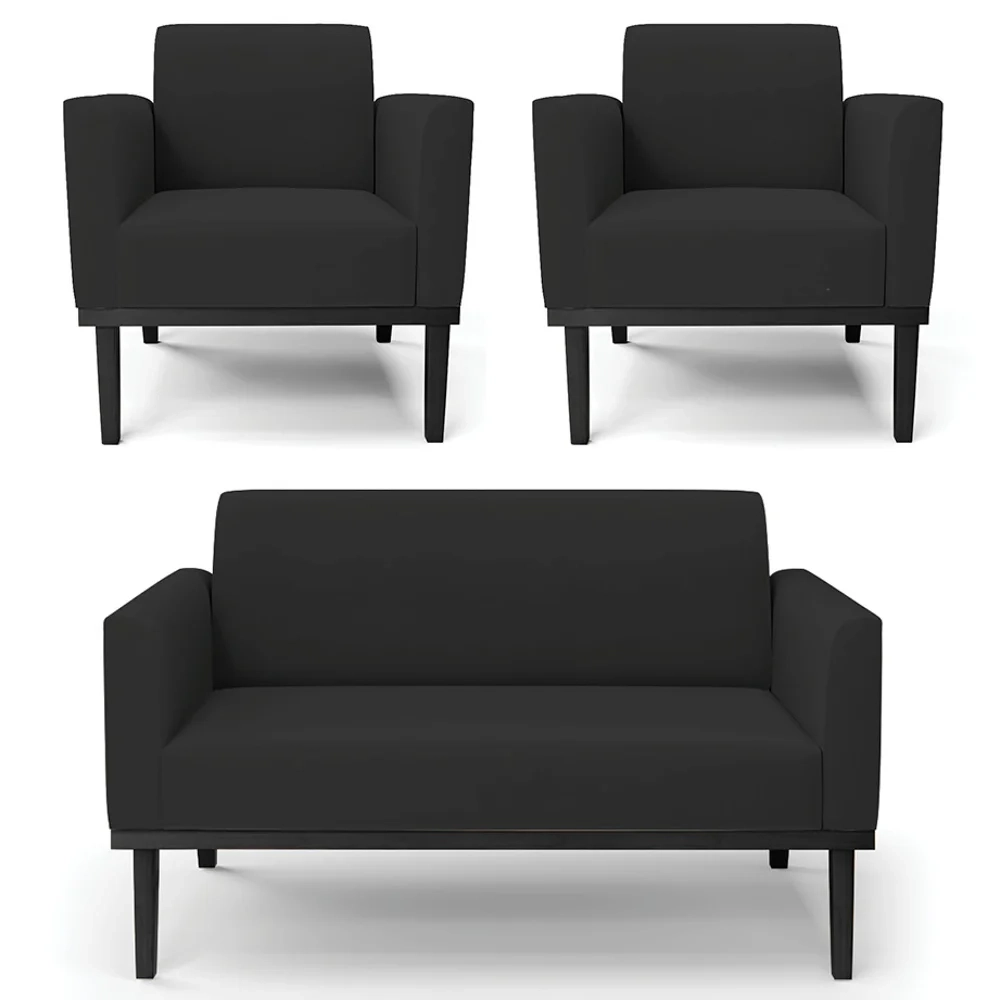 Sofá Namoradeira e 2 Poltronas Base Madeira Preto Maressa Veludo Preto - Ibiza