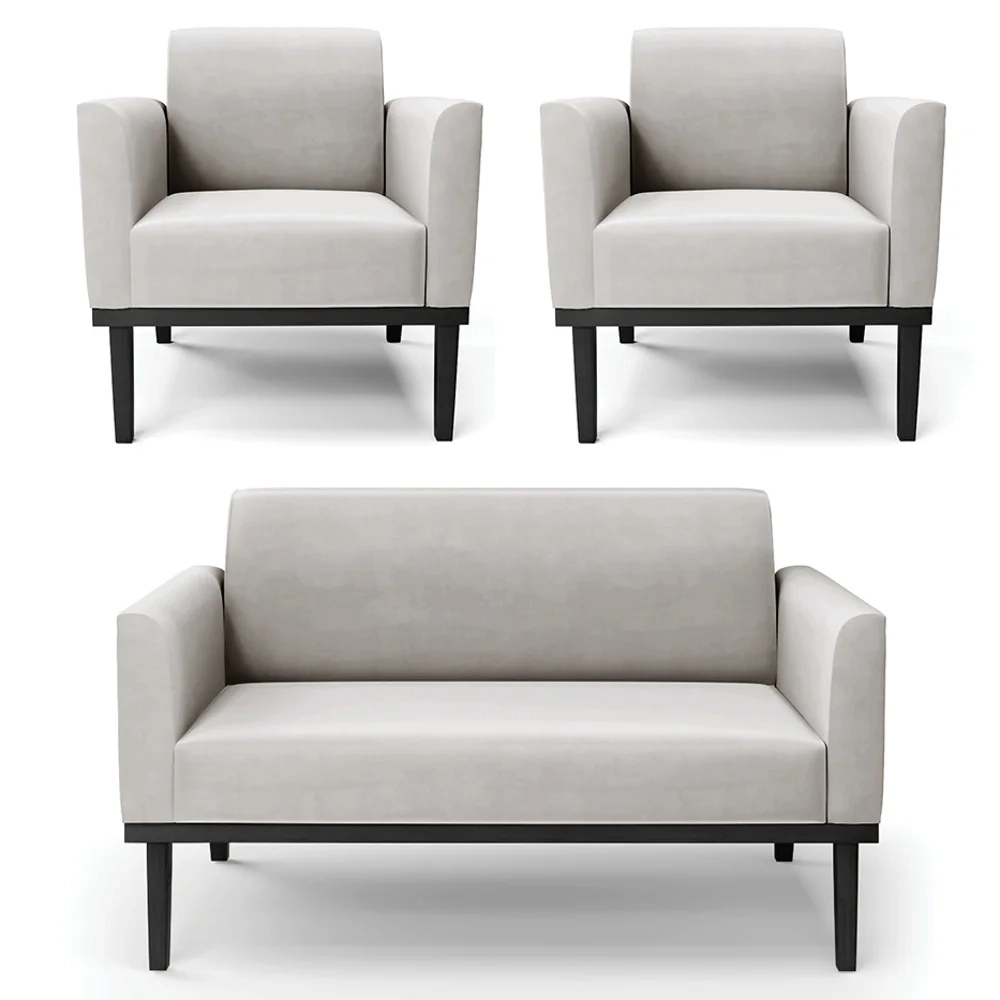 Sofá Namoradeira e 2 Poltronas Base Madeira Preto Maressa Veludo Cinza - Ibiza