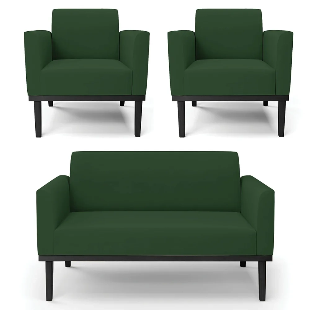 Sofá Namoradeira e 2 Poltronas Base Madeira Preto Maressa Veludo Verde - Ibiza