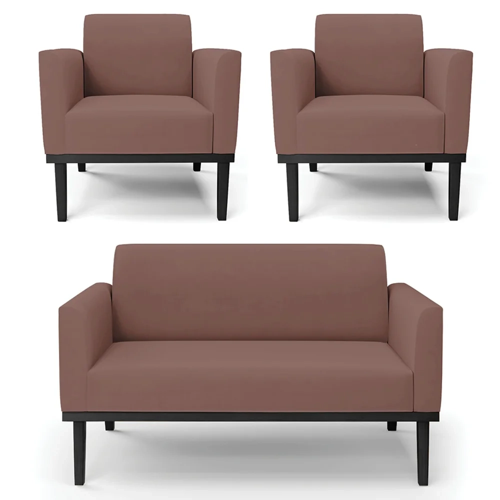 Sofá Namoradeira e 2 Poltronas Base Madeira Preto Maressa Veludo Rosê - Ibiza