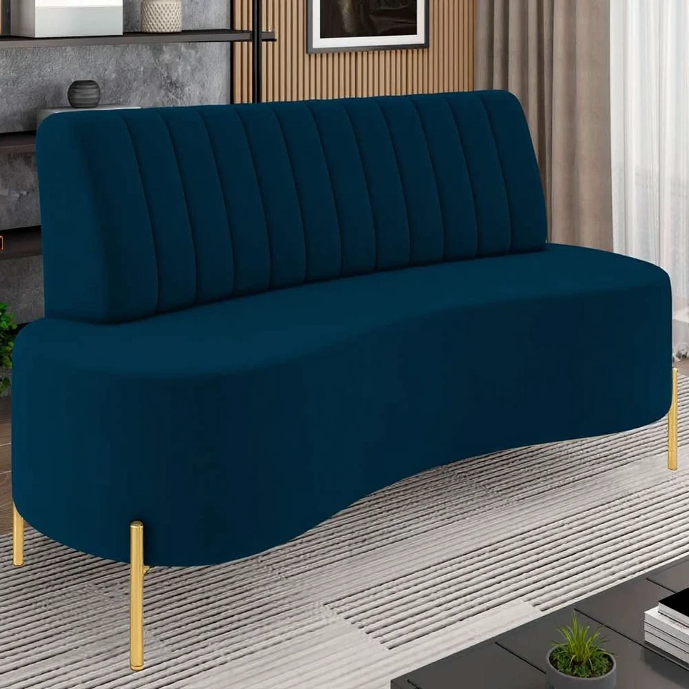 Sofá 2 Lugares 135cm Pés Aço Dourado Tamar Veludo Azul Z08  - Mpozenato
