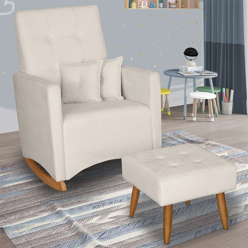 Poltrona Amamentação Base Balanço e Puff Lola Bouclê Off F03 - Mpozenato