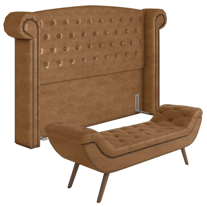 Cabeceira Cama Box Queen 160cm Provença e Recamier Veneto Z37 Sintético Caramelo - Mpozenato