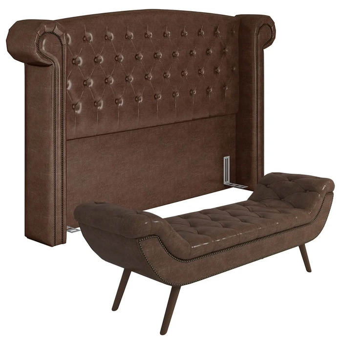 Cabeceira Cama Box Queen 160cm Provença e Recamier Veneto Z37 Sintético Marrom - Mpozenato
