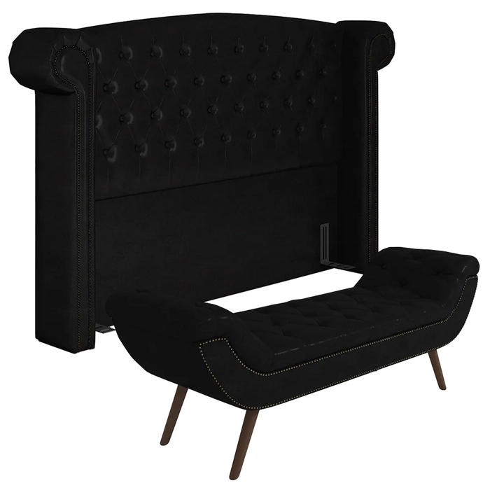 Cabeceira Cama Box Queen 160cm Provença e Recamier Veneto Z37 Sintético Preto - Mpozenato