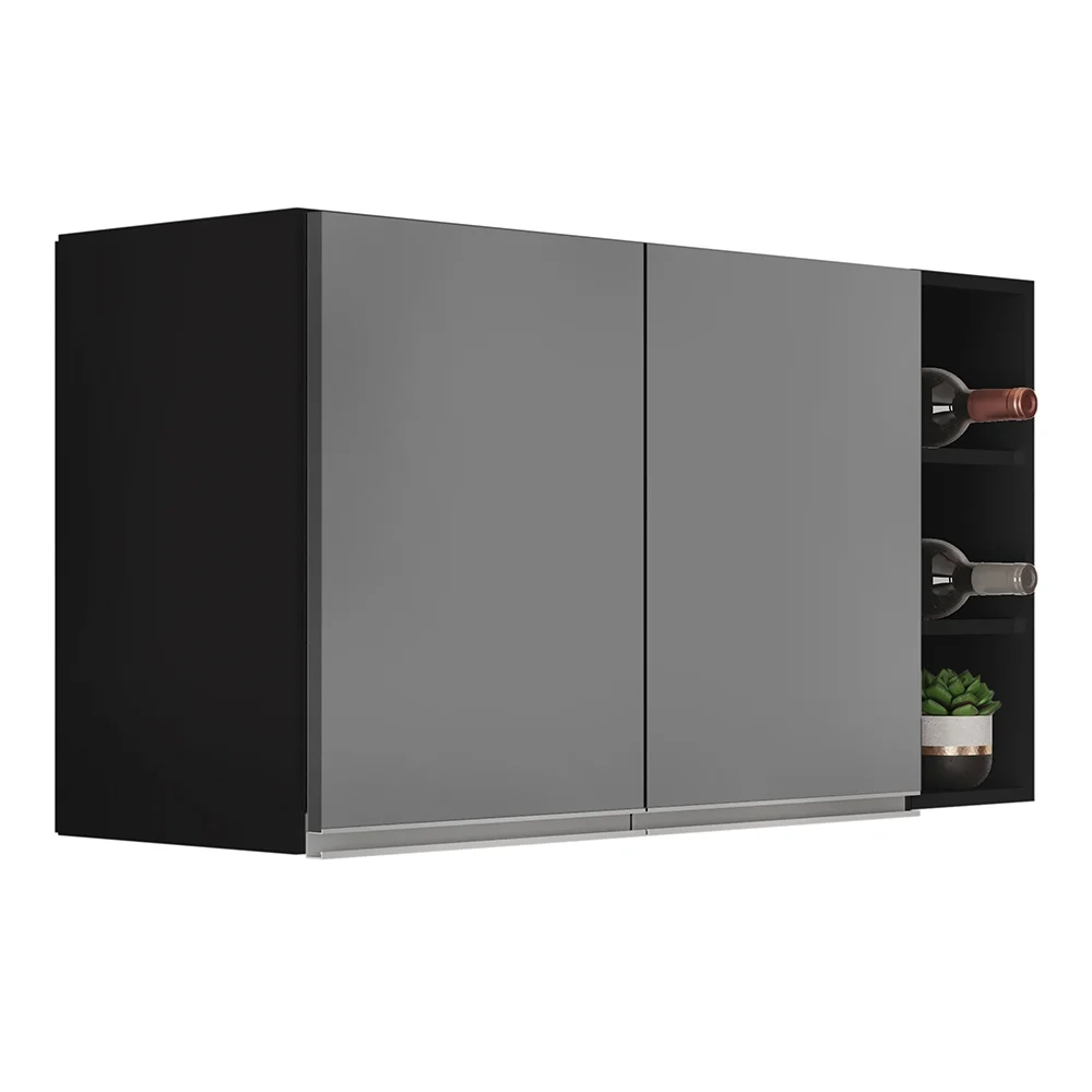 Armário de Cozinha Aéreo Califórnia 100cm e Nicho Garrafeiro Preto/Cinza - Lumil