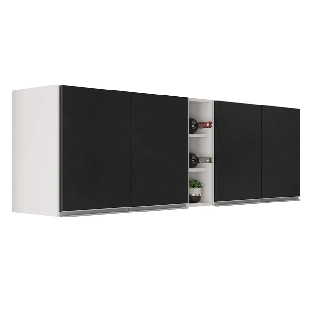 Armário de Cozinha Aéreo Califórnia 180cm Kit 2 com Nicho Adega Branco/Preto - Lumil