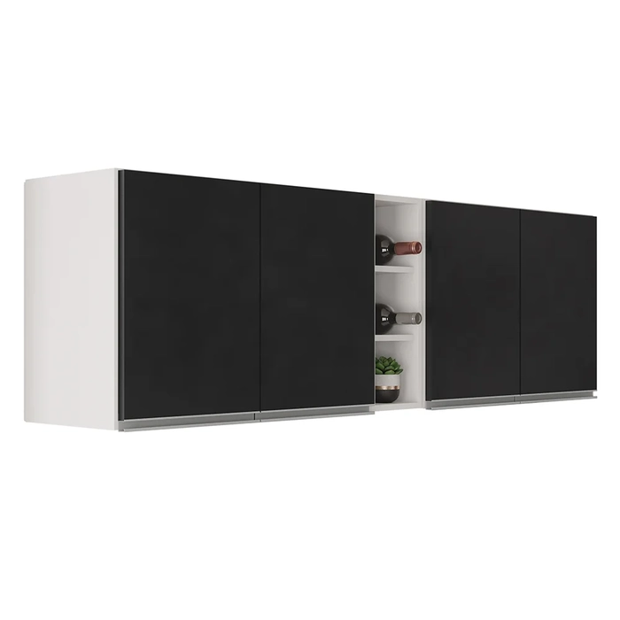 Armário de Cozinha Aéreo Califórnia 180cm Kit 2 com Nicho Adega Branco/Preto - Lumil