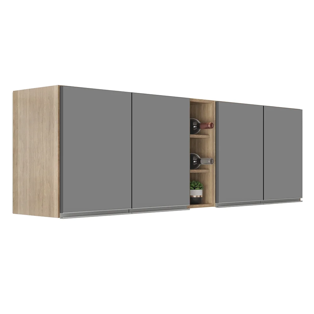 Armário de Cozinha Aéreo Califórnia 180cm Kit 2 com Nicho Adega Castanho/Cinza - Lumil