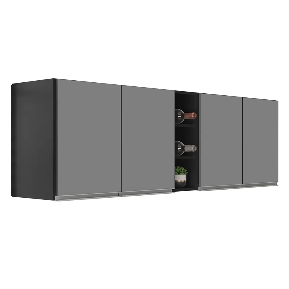 Armário de Cozinha Aéreo Califórnia 180cm Kit 2 com Nicho Adega Preto/Cinza - Lumil