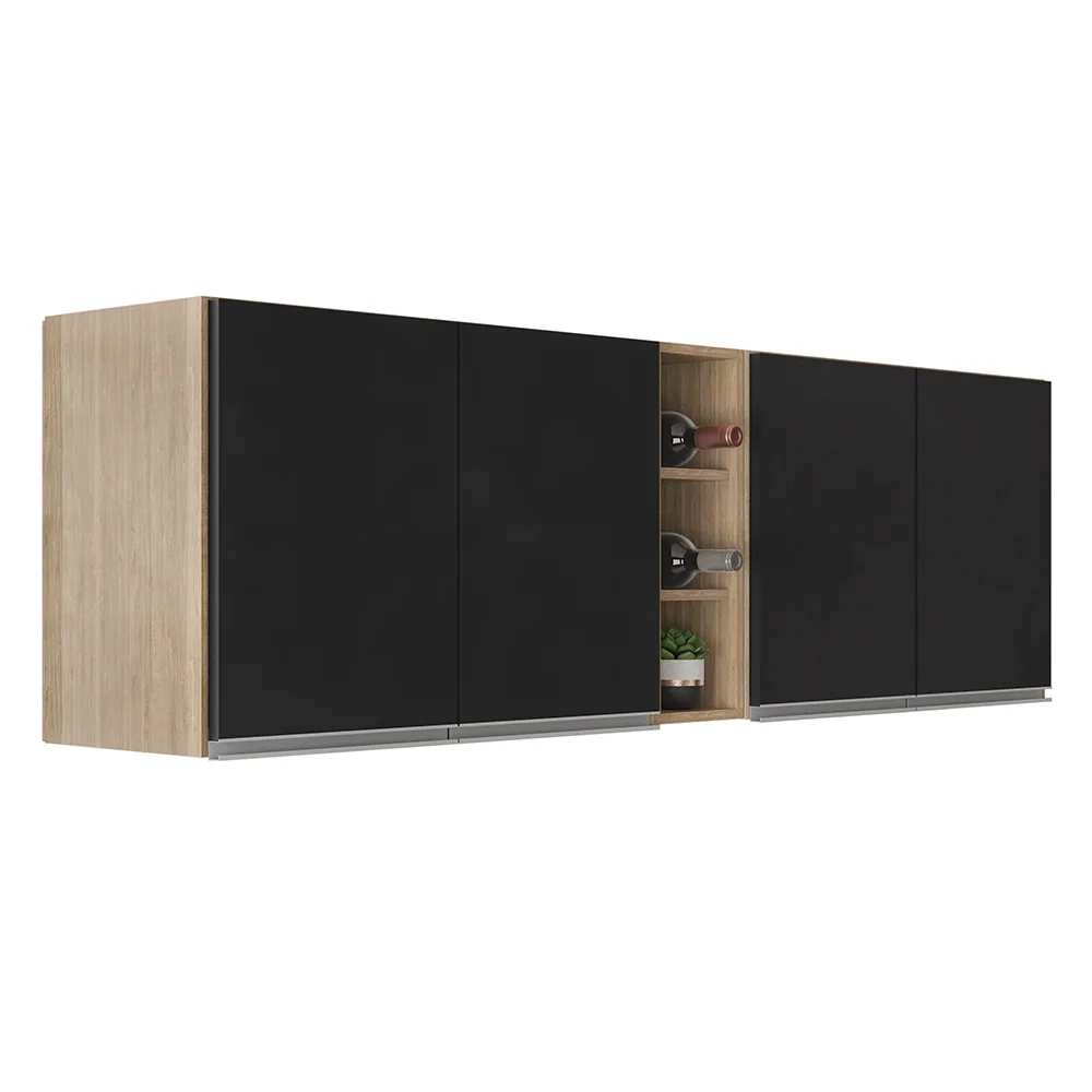 Armário de Cozinha Aéreo Califórnia 180cm Kit 2 com Nicho Adega Castanho/Preto - Lumil