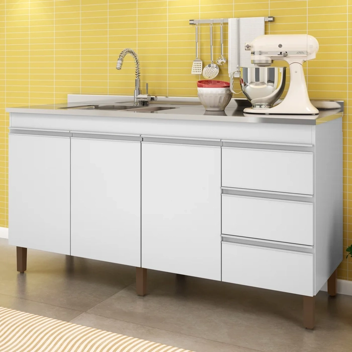 Balcão Gabinete Com Pia 160cm 3 Portas Karen Z49 Branco - Mpozenato