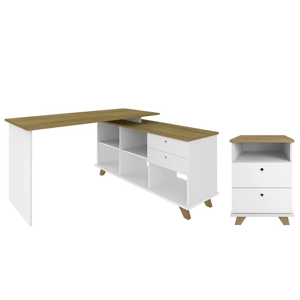 Mesa Escrivaninha em L Golden e Gaveteiro 2 Gavetas May A06 Olmo/Branco - Mpozenato