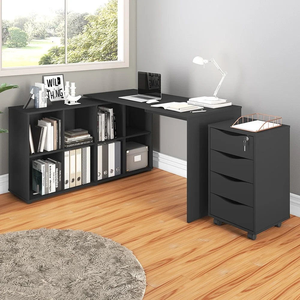 Mesa Escrivaninha em L Eron e Gaveteiro com Rodízios Mity A06 Preto - Mpozenato