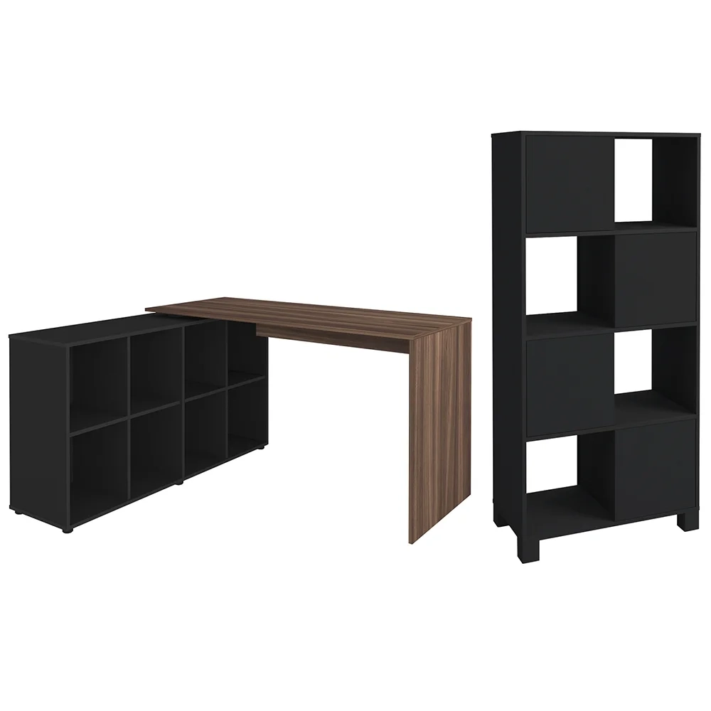 Mesa Escrivaninha em L Eron e Estante Livreiro Maly A06 Ipê/Preto - Mpozenato 